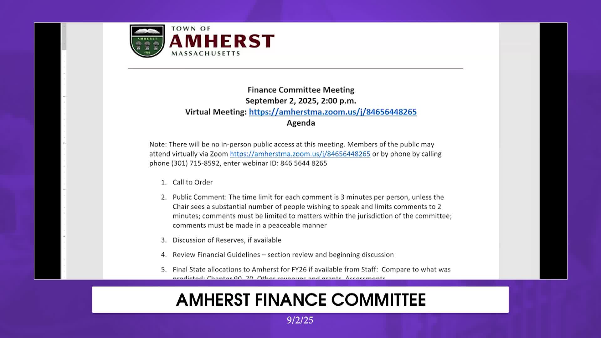 Thumbnail image for Amherst Finance Committee - September 2nd, 2025